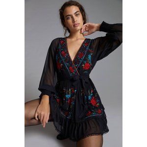 Anthropologie Not So Serious Embroidered Wrap Mini Dress